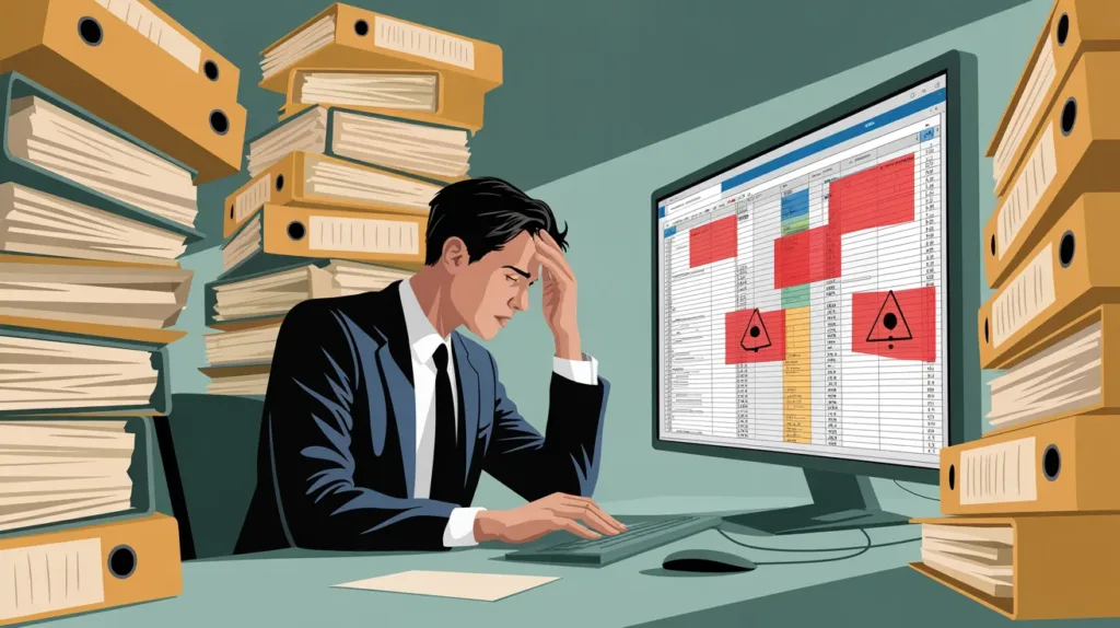 Profesional jurídico rodeado de archivos de hoja de cálculo desordenados, ilustrando los riesgos de gestionar procesos jurídicos en Excel sin un sistema especializado